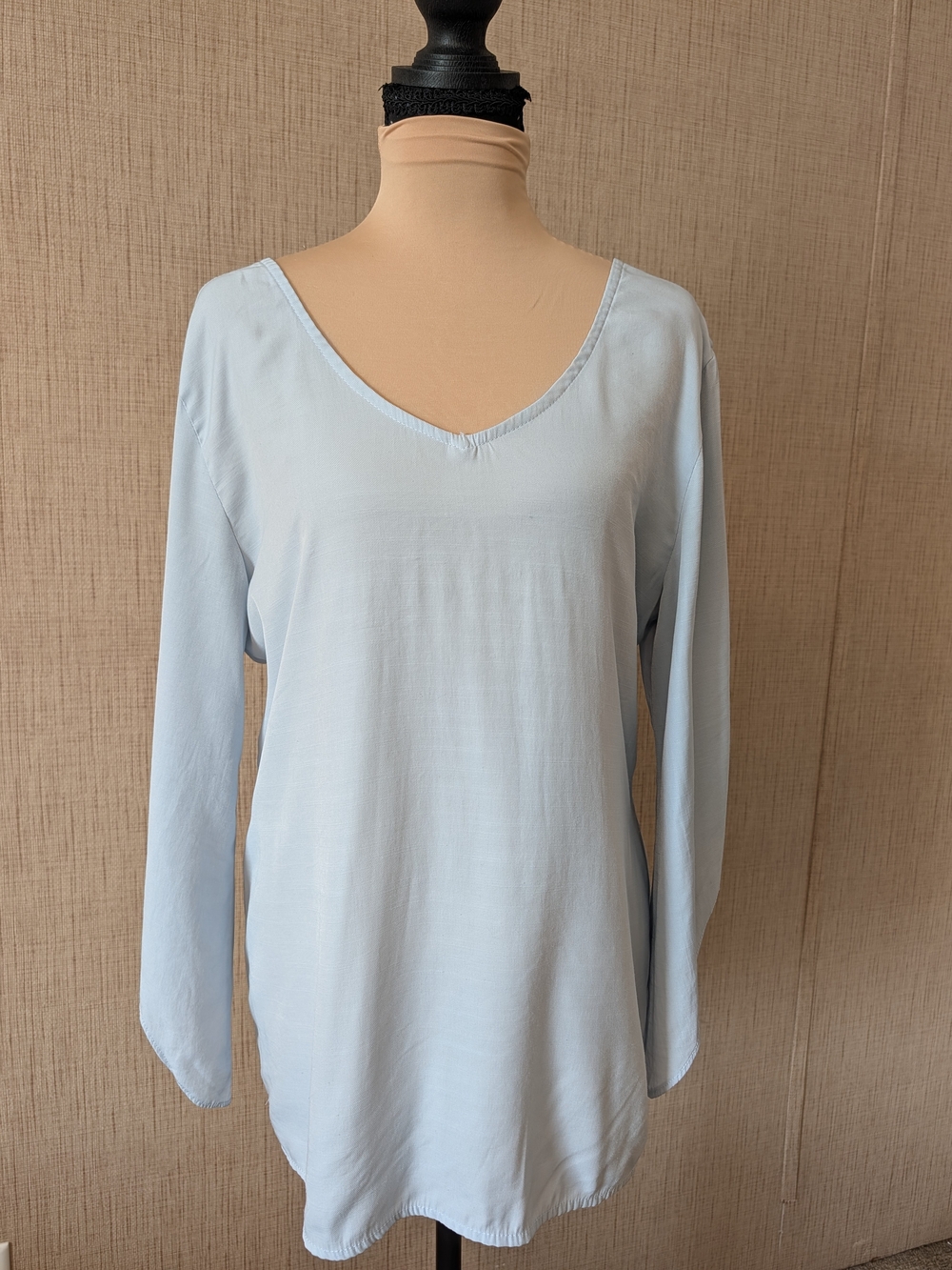Mazik Light Blue V-Neck Split Sleeve Top With Bow Back Detail